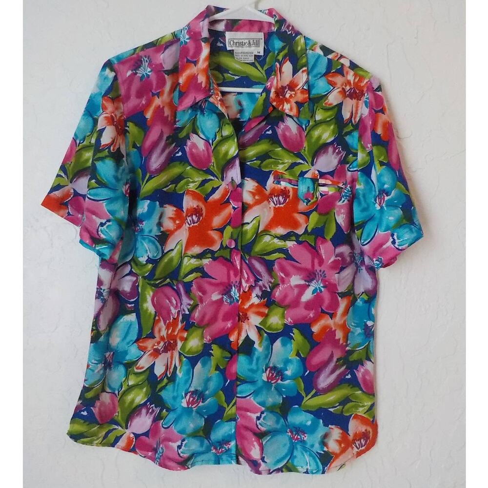 VTG Christie Jill Floral Button Up Shirt Women Medium Multicolor Tropical Resort